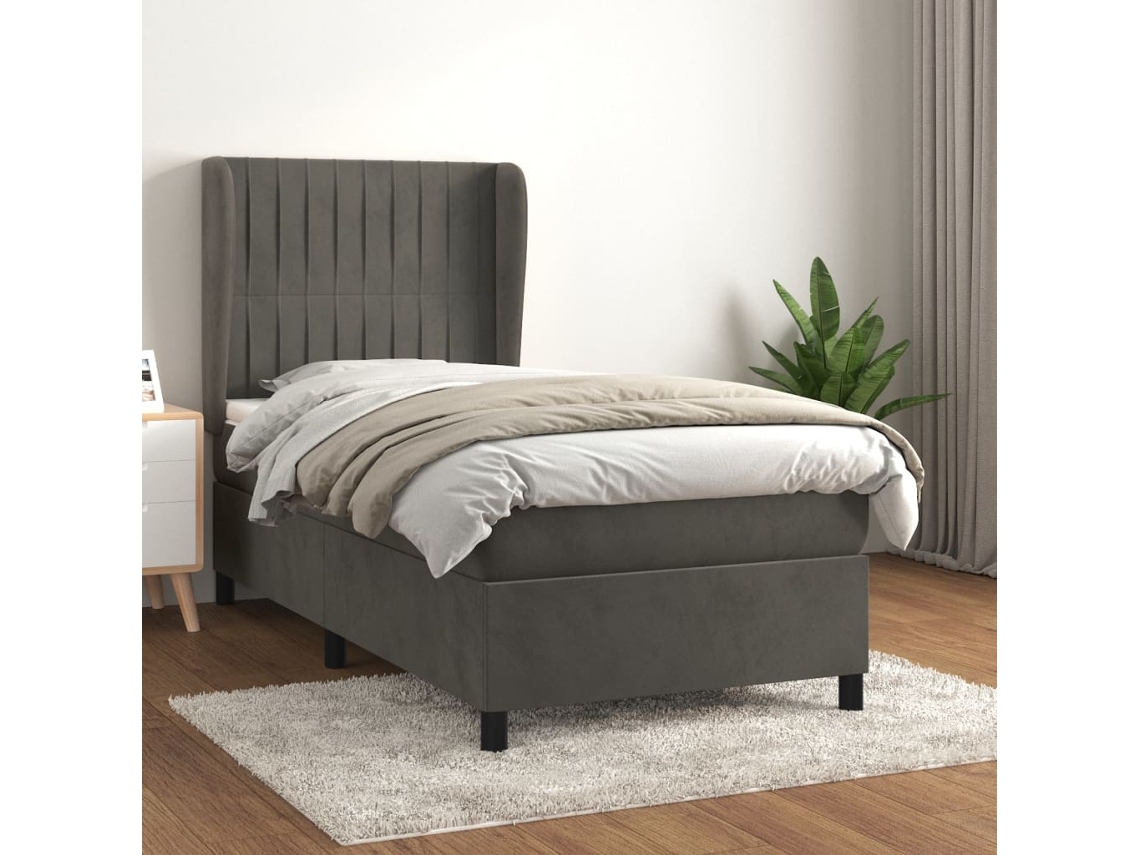 Cama Com Molas/colchão 90x200 Cm Veludo Cinza-escuro