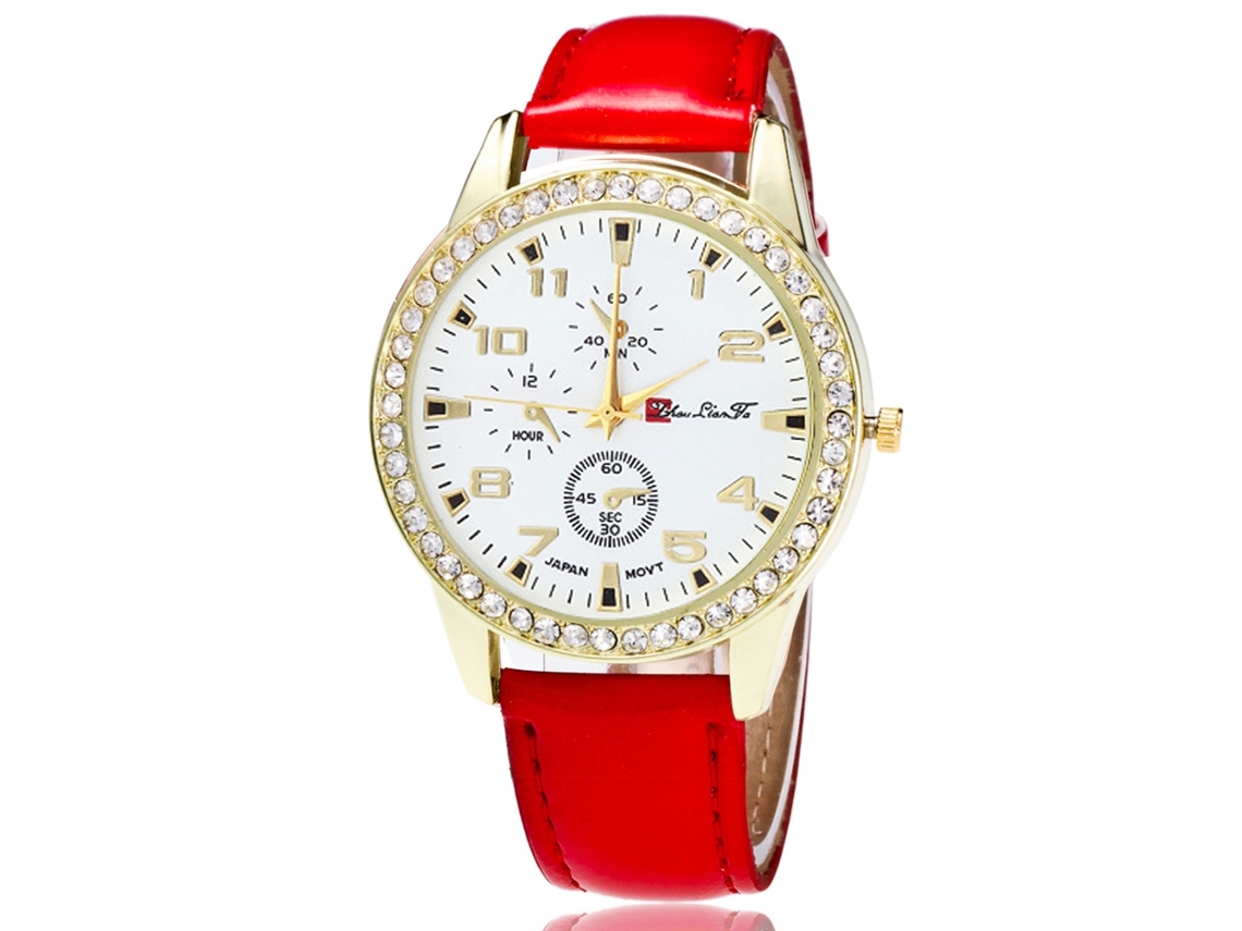 Relógio de Pulso Feminino com Pulseira de Couro Padrão Simples Design Moderno Vermelho