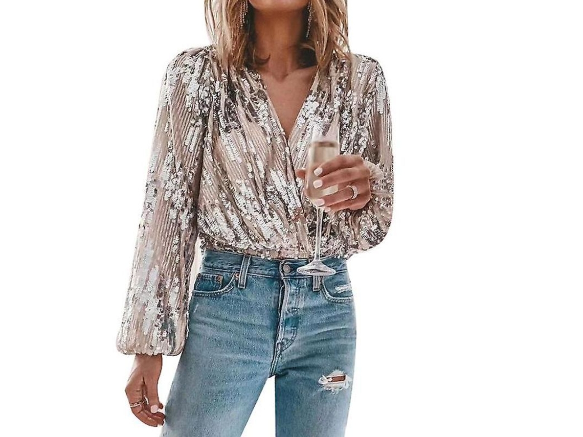 Blusa De Manga Larga Com Strass E Gola V Para Festa Mulher Brilho Disco Champanhe Xl