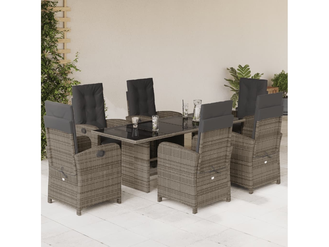 Vidaxl 7 Pcs Conjunto de Jantar P/ Jardim C/ Almofadões Vime Pe Cinza