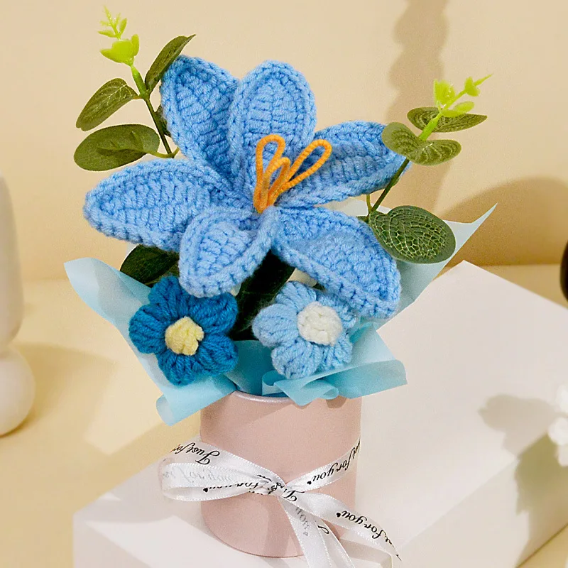 (azul) 1 Peça De Buquê De Crochê Feito À Mão, Buquê Tricotado, O Presente Perfeito