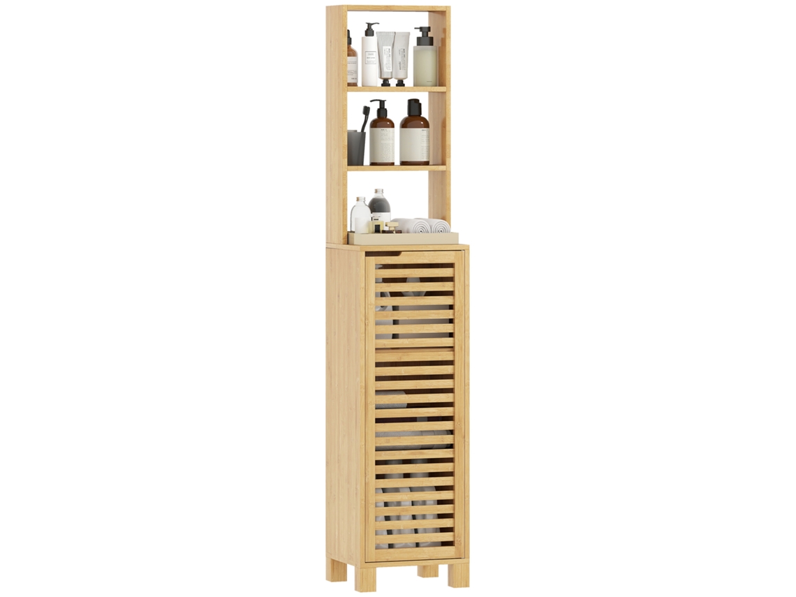 Coluna em Bambu com 3 Prateleiras e Portas em Ripas Ajustáveis 34x30x170 Cm em Madeira VOLTEDGE