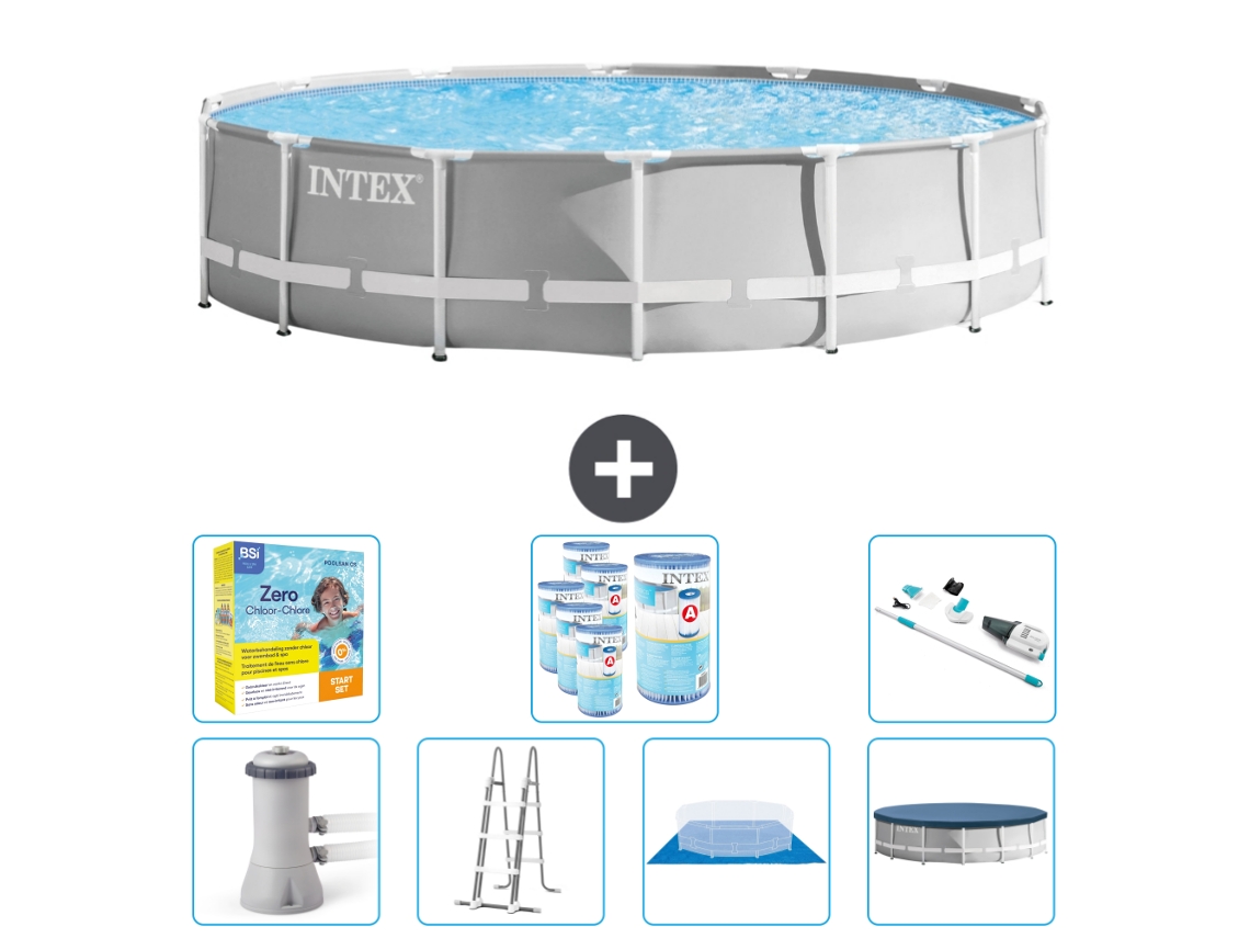 Piscina INTEX Round Prism Frame 427 X 107 Cm Cinza Inclui Bomba Escada Lençol Cobertura Pacote de Manutenção Filtros Aspirador de Pó