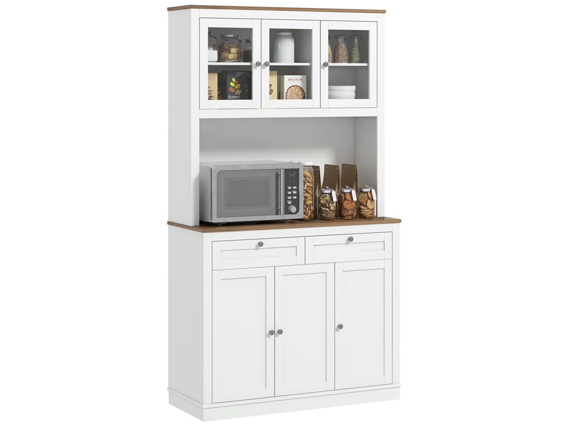 Armário de Cozinha com 3 Portas de Vidro, Compartimento Aberto, 2 Gavetas e Prateleiras Ajustáveis, 100x40x180 Cm, Branco ZENCORE SERVICES