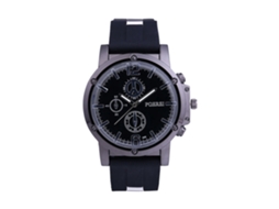 Relógio masculino casual com mostrador redondo, três mostradores, pulseira de silicone, movimento de quartzo, preto.
