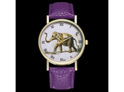 Relógio de pulso vintage com escala romana, pulseira de PU e estampa de elefante roxo.
