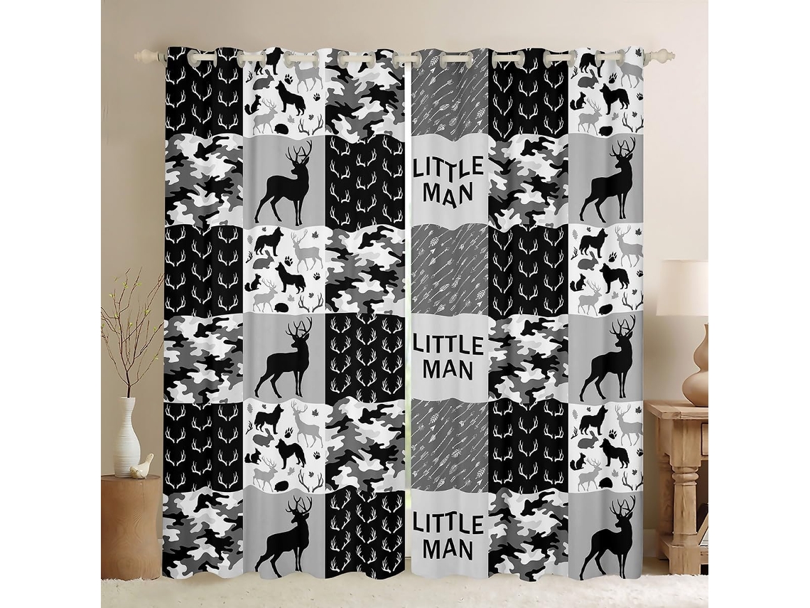 Cortinas Rústicas Para Janelas Com Estampa De Veado E Lobo, Para Crianças, Meninas E Adultos, Com Xadrez Geométrico