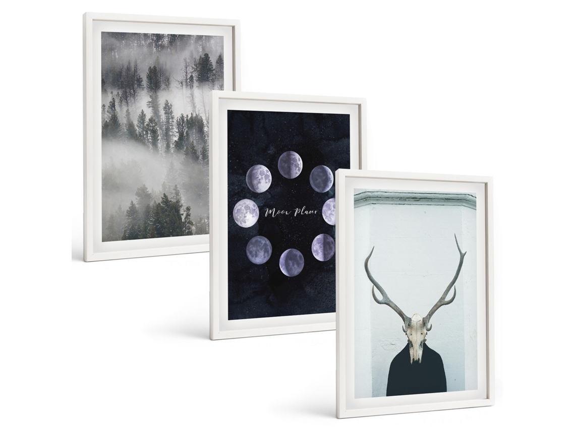 Conjunto De Pinturas Paisagem Florestal, Neblina, Lua, Crânio De Veado Espelharte (3 Peças 40x60 Cm)