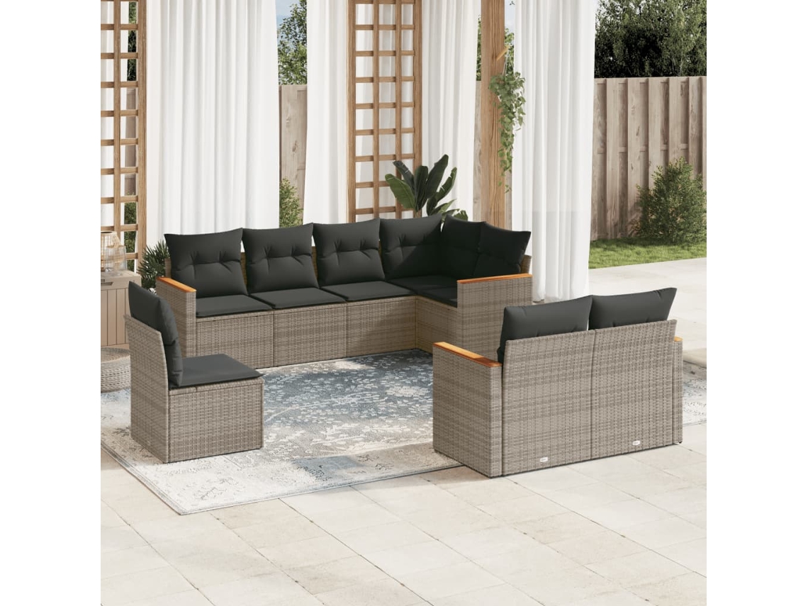 Vidaxl 8 Pcs Conjunto Sofás De Jardim C/ Almofadões Vime Pe Cinzento