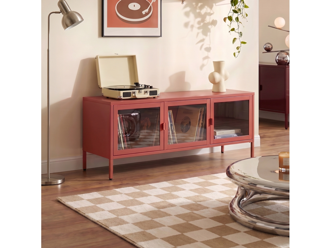 Suporte de TV Industrial Ezra, 130 cm, 3 portas, acabamento em Terracota e Vidro Temperado