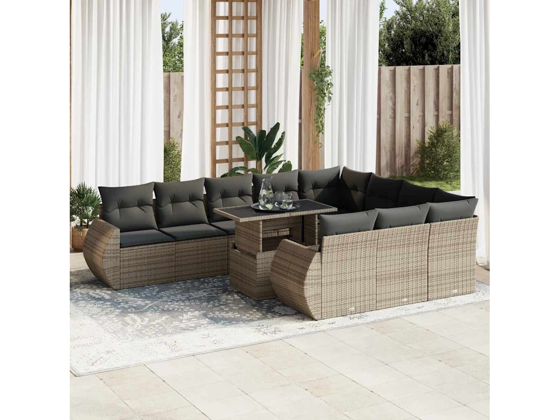 Vidaxl 11 Pcs Conjunto Sofás De Jardim C/ Almofadões Vime Pe Cinzento