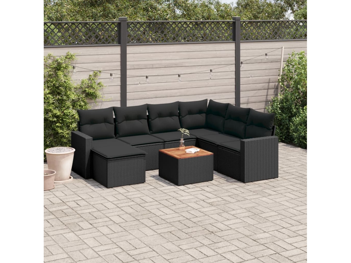 Vidaxl 8 Pcs Conjunto Sofás De Jardim Com Almofadões Vime Pe Preto