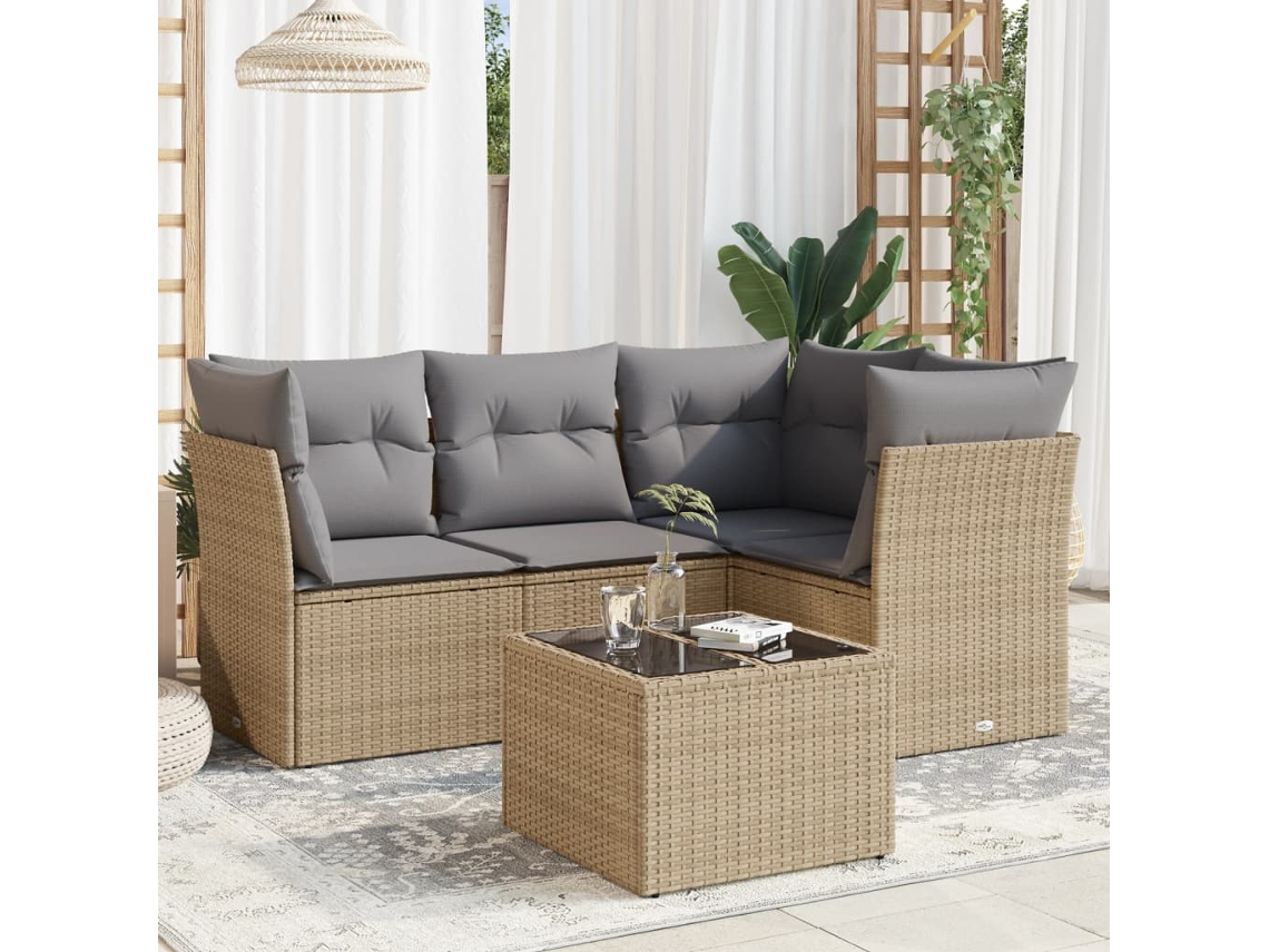 Vidaxl 5 Pcs Conjunto De Sofás P/ Jardim Com Almofadões Vime Pe Bege