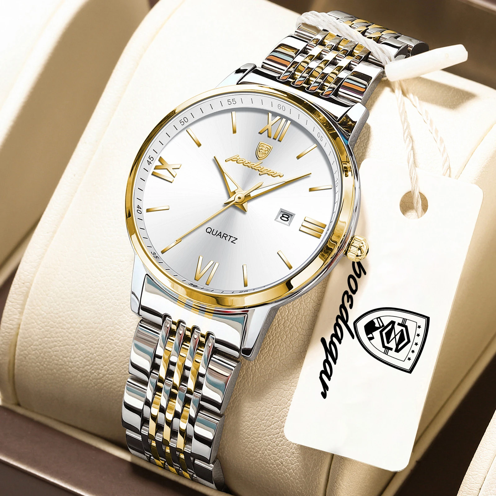 Relógio feminino elegante (dourado e branco), Prova D'água, luminoso, com visor de dados, relógio de quartzo refinado de alta qualidade.