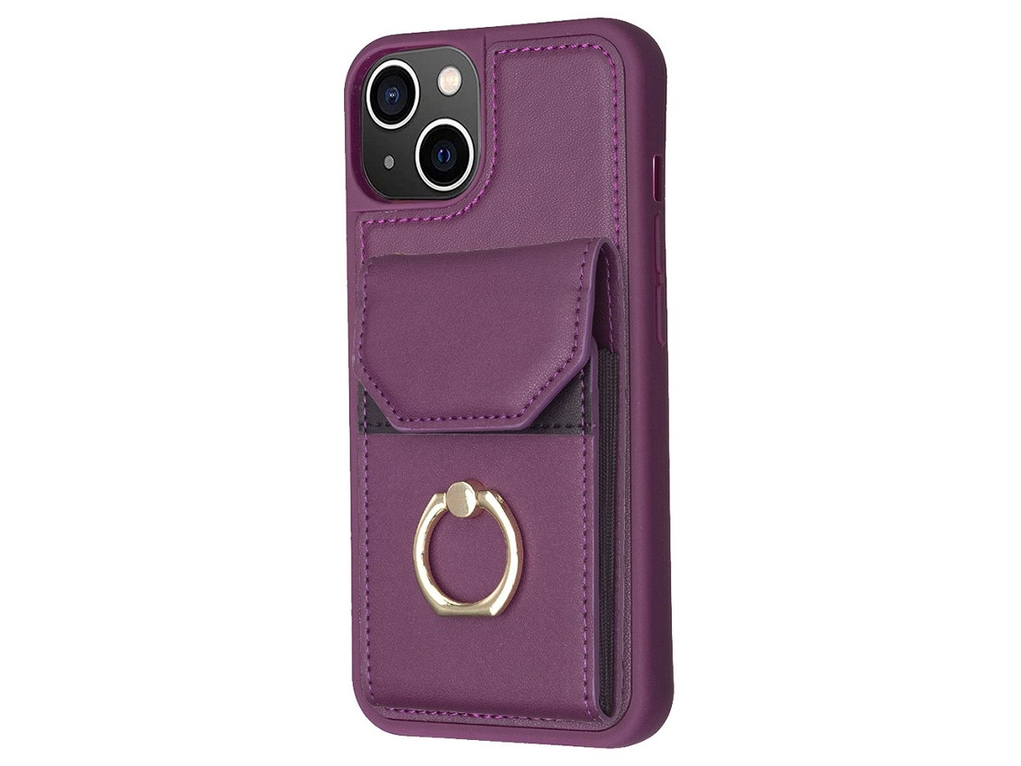 Suporte Casa Para Iphone 15 Plus Pele Sintética Com Porta-cartões Roxo