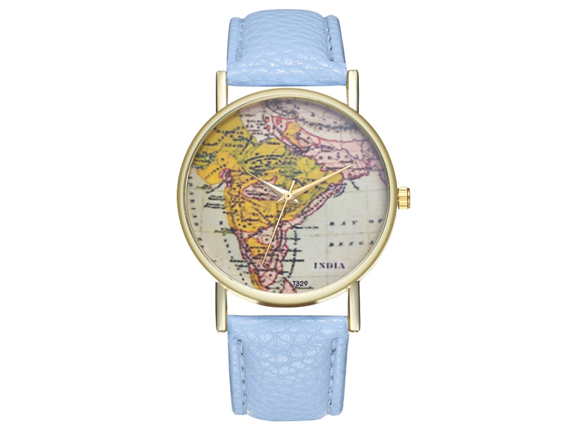 Relógio de Pulso Unisex Padrão Mapa Retro Pulseira Couro Pu Azul Claro
