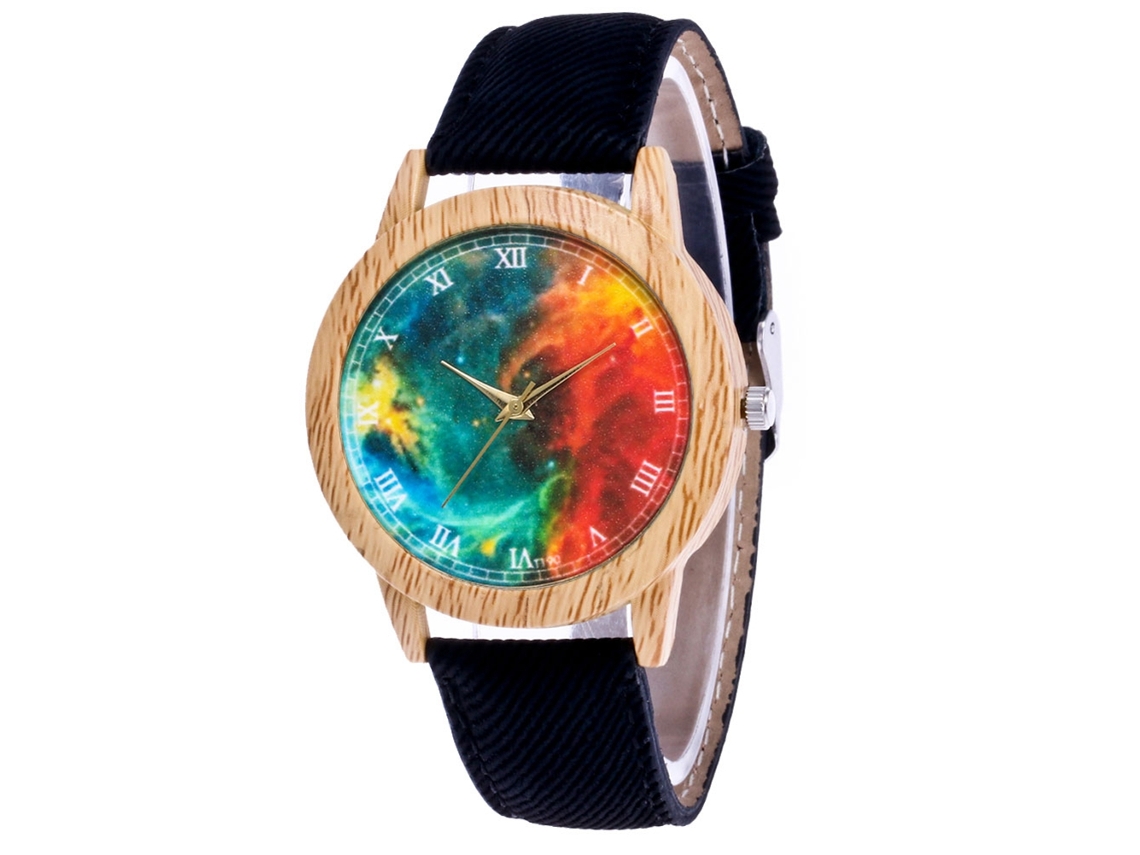 Relógio de casal Zhoulianfa Colorful Nebula em aço quartzo redondo com mostrador preto