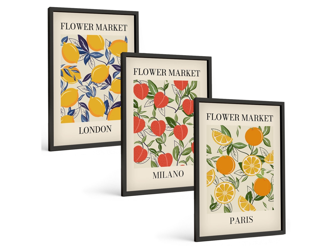 Conjunto De Pinturas Pôsteres Florais Em Cidades Espelharte (3 Peças 40x60 Cm)