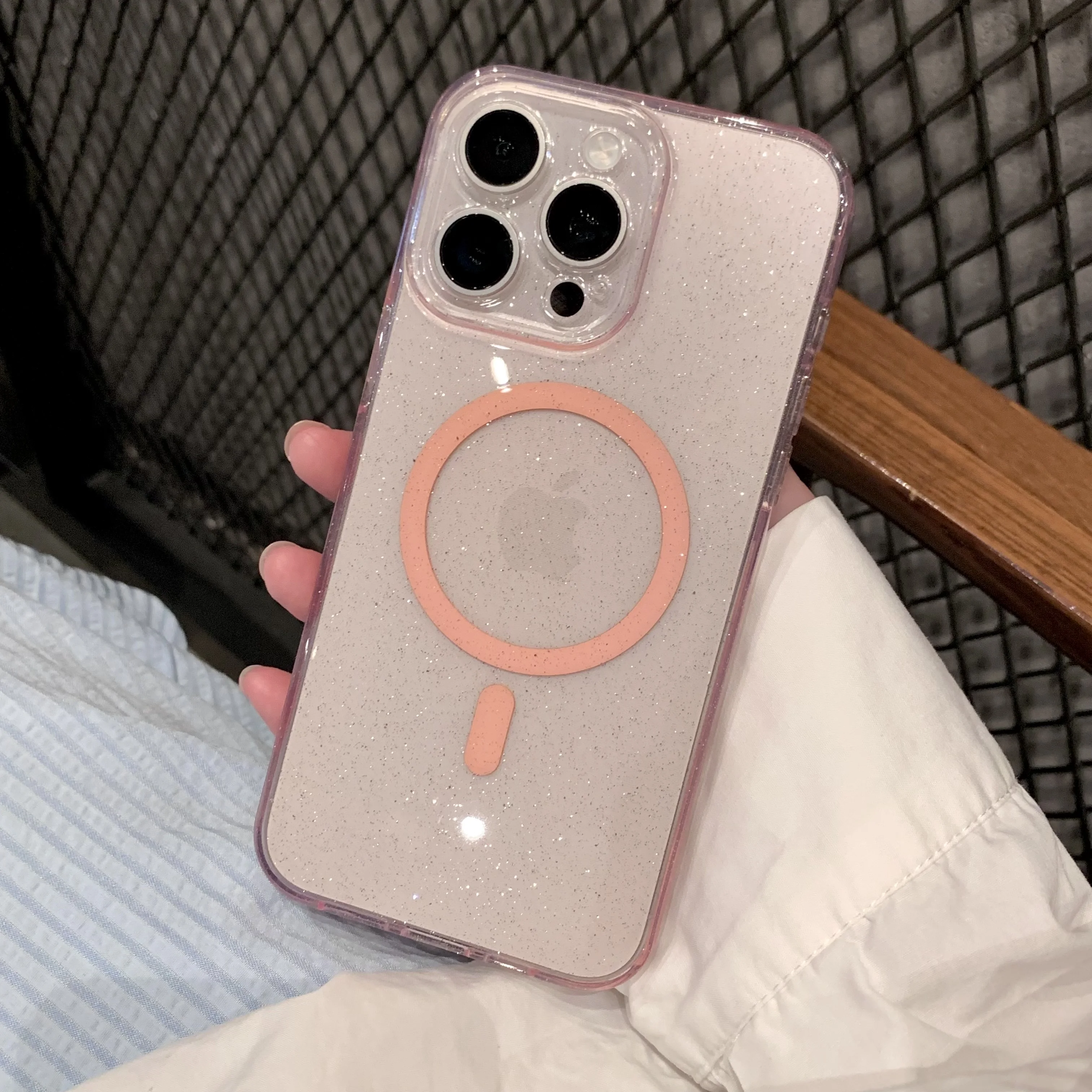 Capa Transparente De Silicone Com Glitter (para Iphone 14 Pro Max Rosa), Compatível Com Carregamento Sem Fio E Material Magnético.