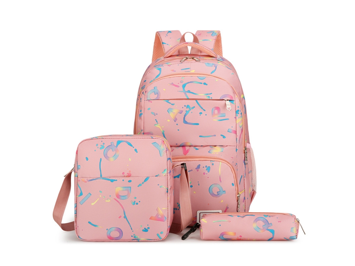 Mochila De Três Peças De Grande Capacidade, Mochila Estampada Rosa