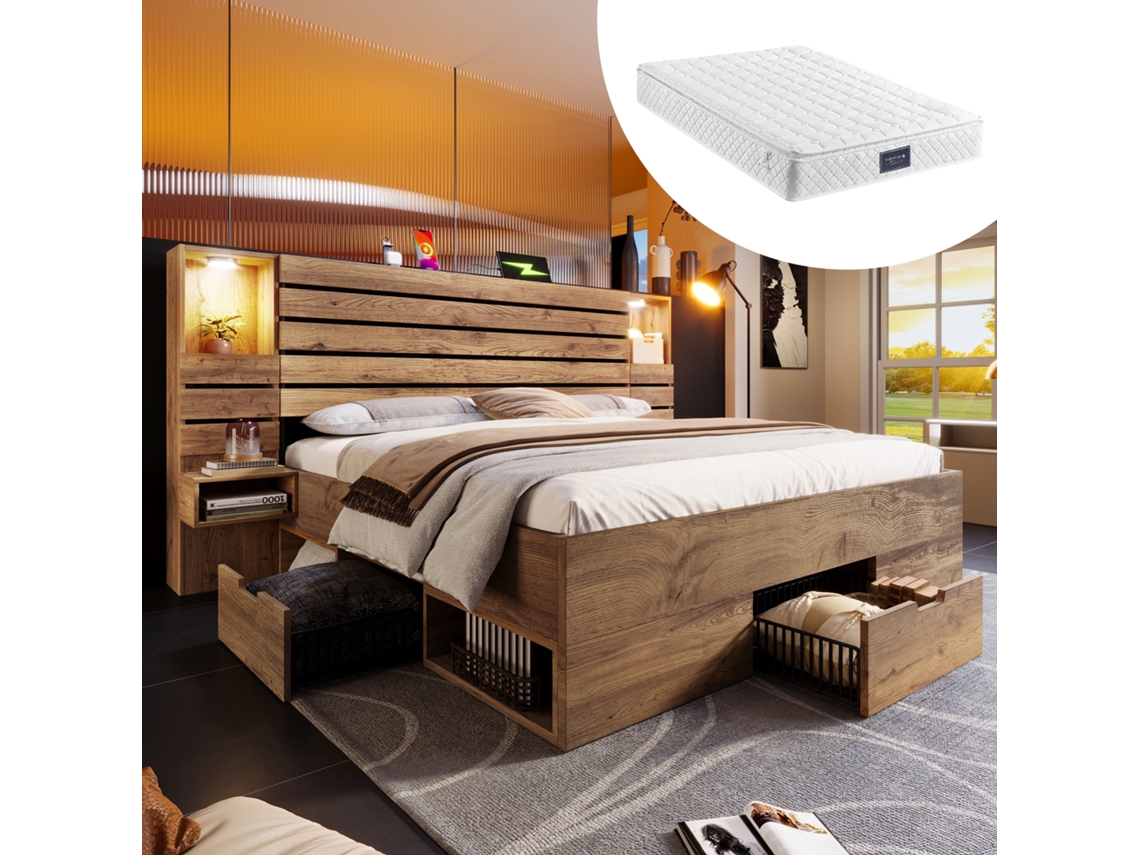 Cama Eucalipto 160x200cm Com Led, Usb-c, Nicho E Gavetas + Colchão