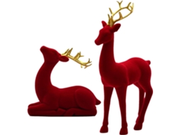Decorações Natal Renas Estatuetas Flocadas 2 Peças Sentada Vermelha Verde Festa Escritório Cozinha Quarto GOKOCO