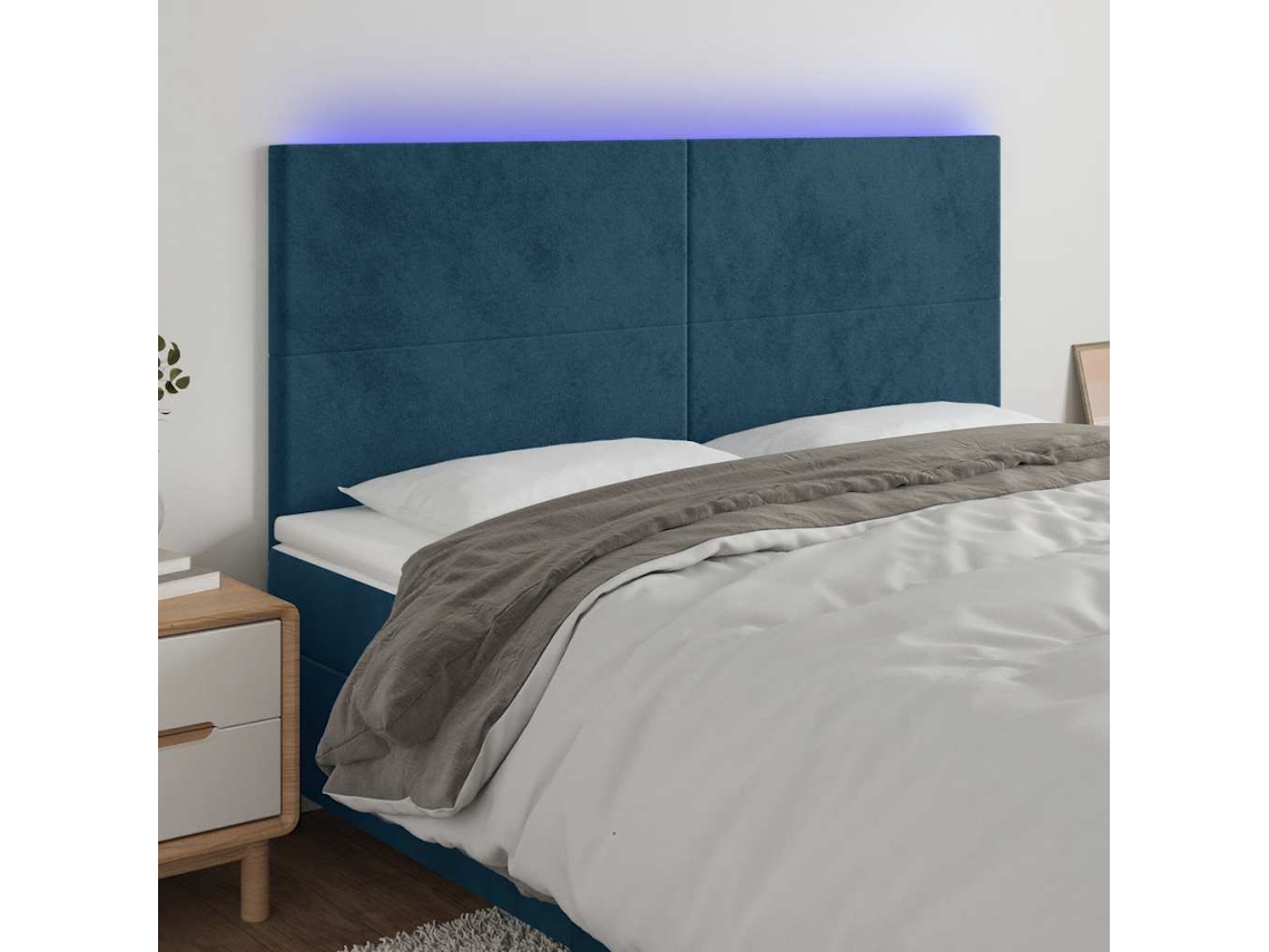 Vidaxl Cabeceira Cama C/ Luzes Led Veludo 160x5x118/128cm Azul-escuro
