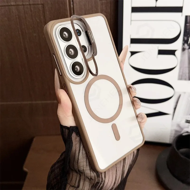 Capa Para Celular Com Suporte Magnético Para Lente (galaxy S22 5g Marrom), Compatível Com Carregamento Sem Fio.