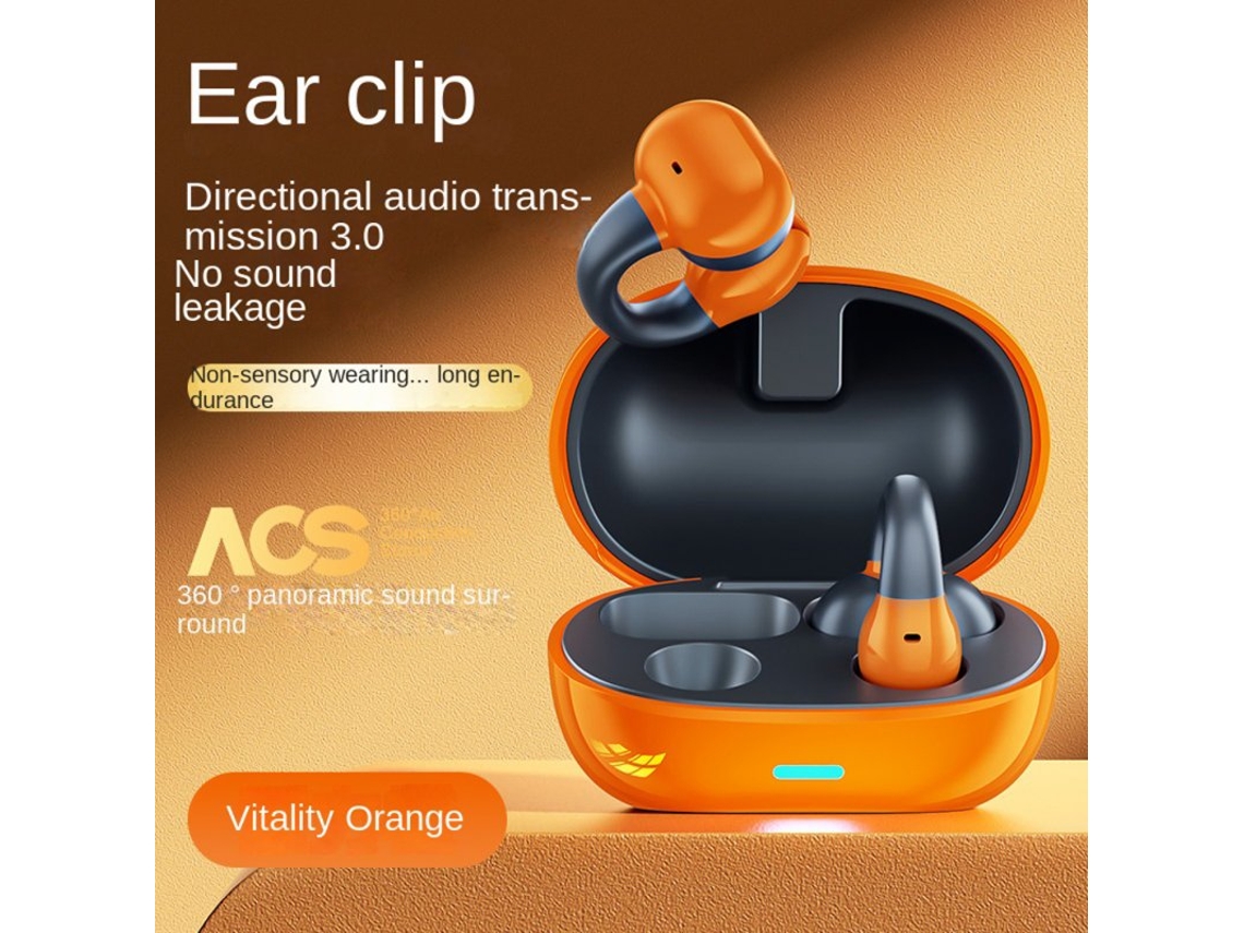 Auriculares Bluetooth True Wireless 5.3 de Condução Óssea com Clipe de Orelha para desportos com Microfone de Redução de Ruído Laranja