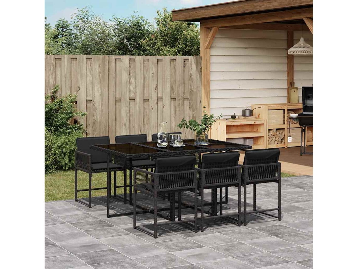 Vidaxl 7 Pcs Conjunto De Jantar P/ Jardim C/ Almofadões Vime Pe Preto