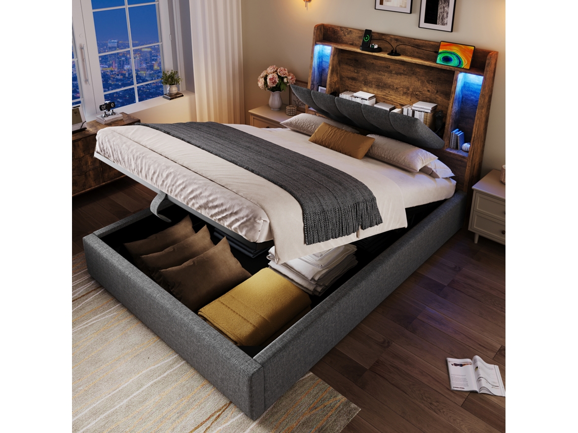 Cama Solteiro Cinza 90x200cm Estofada, Linho, Usb-c, Led, Multifuncional (s/ Colchão). -op