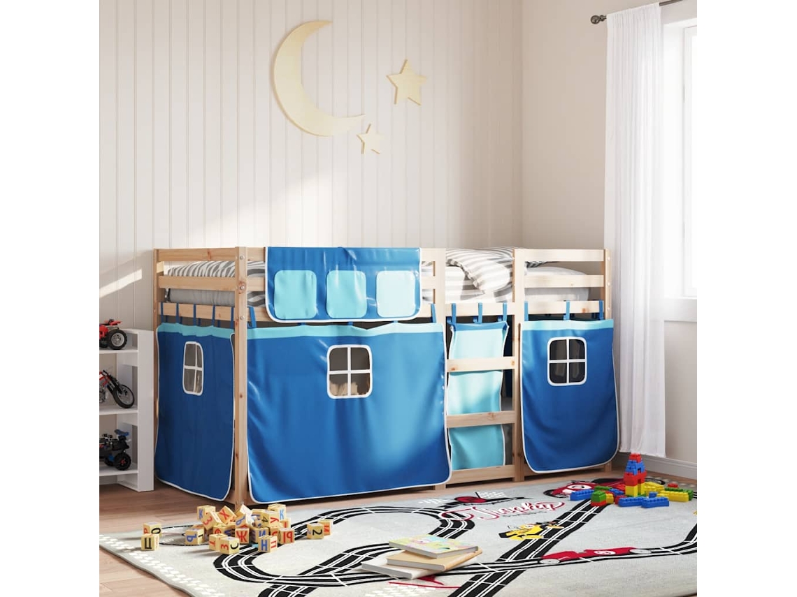 Vidaxl Beliche Com Cortinas 80x200 Cm Madeira De Pinho Maciça Azul