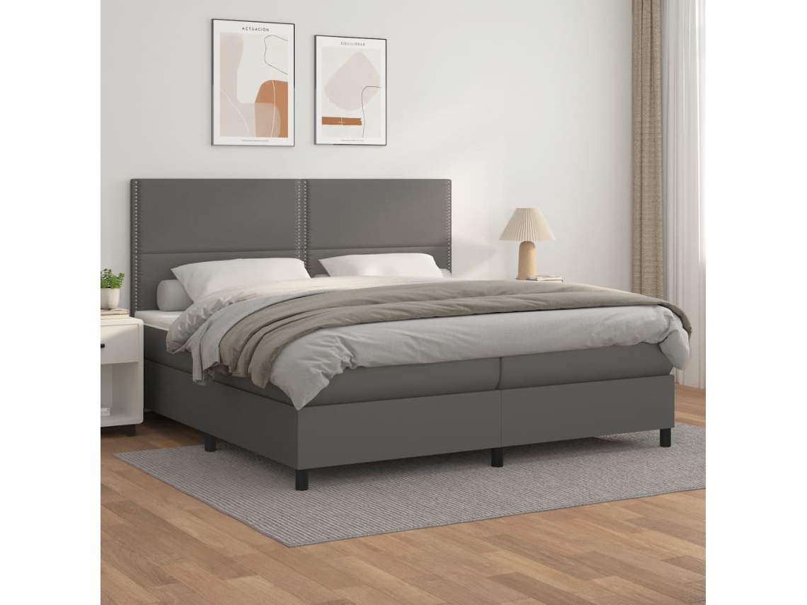 Vidaxl Cama Com Molas/colchão 200x200 Cm Couro Artificial Cinzento