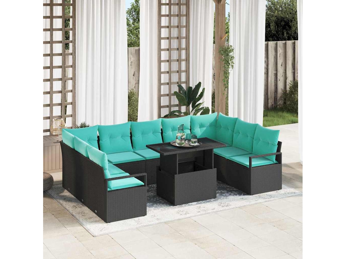 Vidaxl Conjunto De Sofá De Jardim 10 Pcs Preto E Azul Rattan Sintético