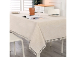 Toalha De Mesa Retangular Bege 140 X 200 Cm, Antimanchas, Lavável, Com Borlas, Em Algodão E Linho