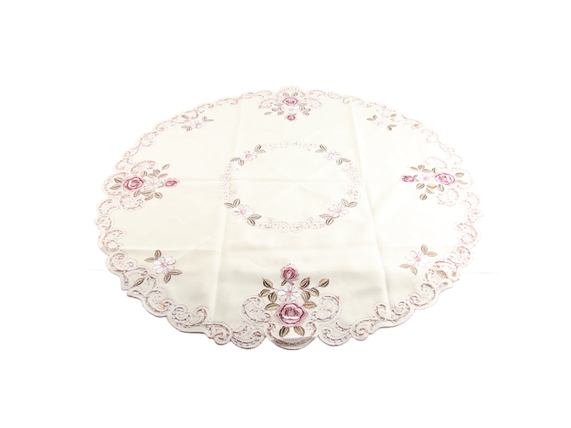 Pano de Mesa Redondo Bordado Floral de Poliéster, 85cm, para Festas e Decoração de Mesa