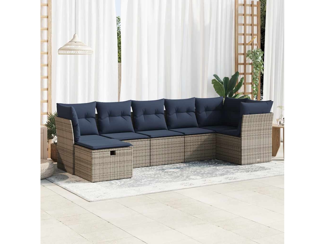 Vidaxl 7 Pcs Conjunto Sofás P/ Jardim C/ Almofadões Vime Pe Cinzento