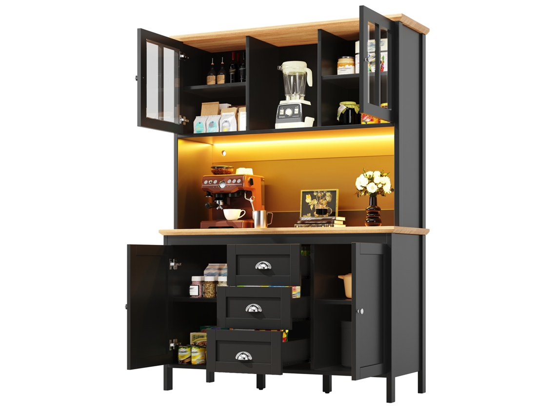 Móvel Complementar Alto 120x40x179cm Com Iluminação Led, Quatro Portas, Três Gavetas Bicolor Branco E Preto Multifunções