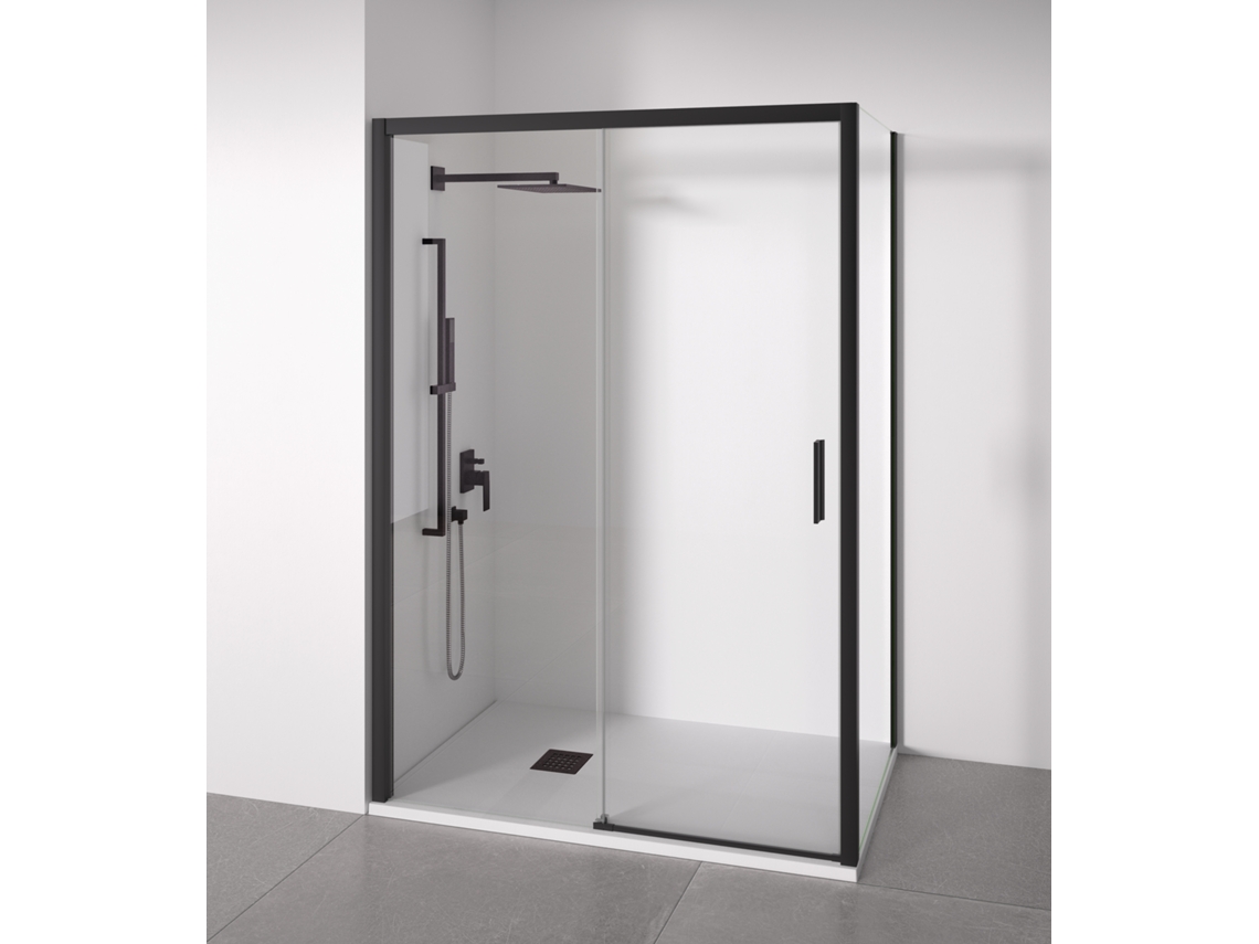 BELLOBATH Paroi de duche angular 1 deslizante + 2 fixos Vidro anticalcário 6mm Preto Largura adaptável 110-115x72-75 cm Porta esquerda