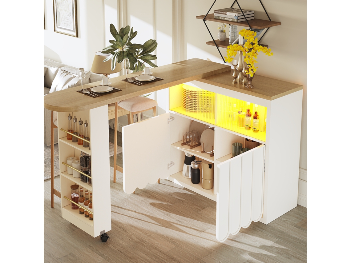 Mesa Bar Extensível Branca 135-205x39x100cm, Móvel, Telescópica Led, Bistrô, Portas Listradas.-hm