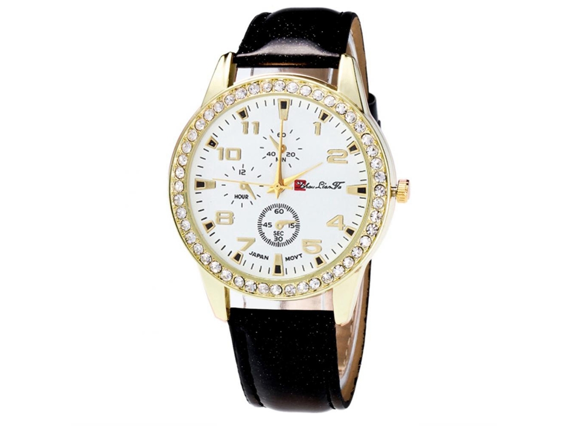Relógio de casal Zhoulianfa Quartz com pulseira de couro PU e strass (preto)