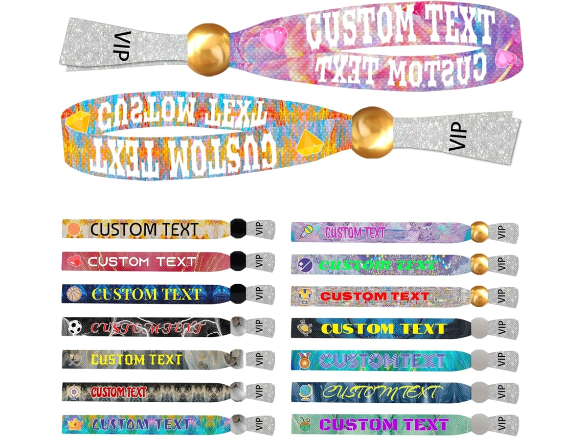 Pulseiras têxteis VIP personalizadas e ajustáveis para eventos, com logotipo, nome e texto personalizados para shows.