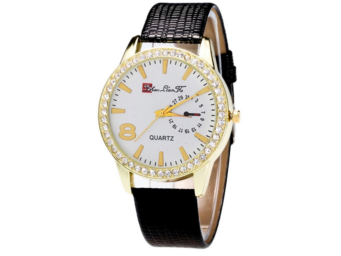 Relógio analógico de quartzo de luxo Zhoulianfa Lover Fashion com pulseira de PU e strass (preto)