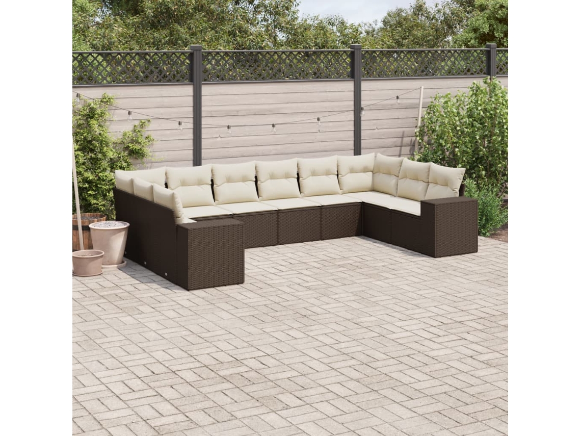 Vidaxl 10 Pcs Conj. Sofás Jardim Com Almofadões Vime Pe Castanho