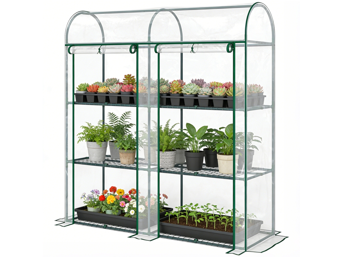 Estufa Jardim 3 Níveis Em Pvc Com Estrutura Aço, 2 Portas Enroláveis Varanda Transparente
