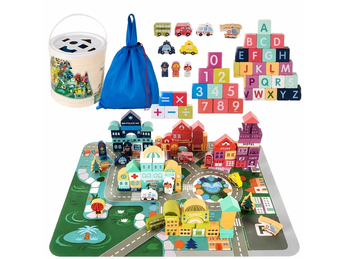 Conjunto De Blocos De Madeira, Tema Cidade, 100 Peças