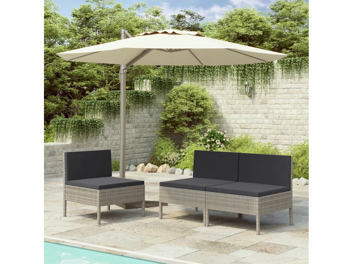 Vidaxl Cadeiras De Jardim Com Almofadões 3 Pcs Vime Pe Cinzento