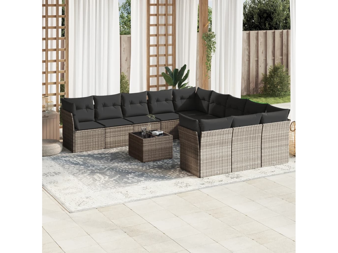 Vidaxl 12 Pcs Conj. Sofás Jardim Com Almofadões Vime Pe Cinzento-claro