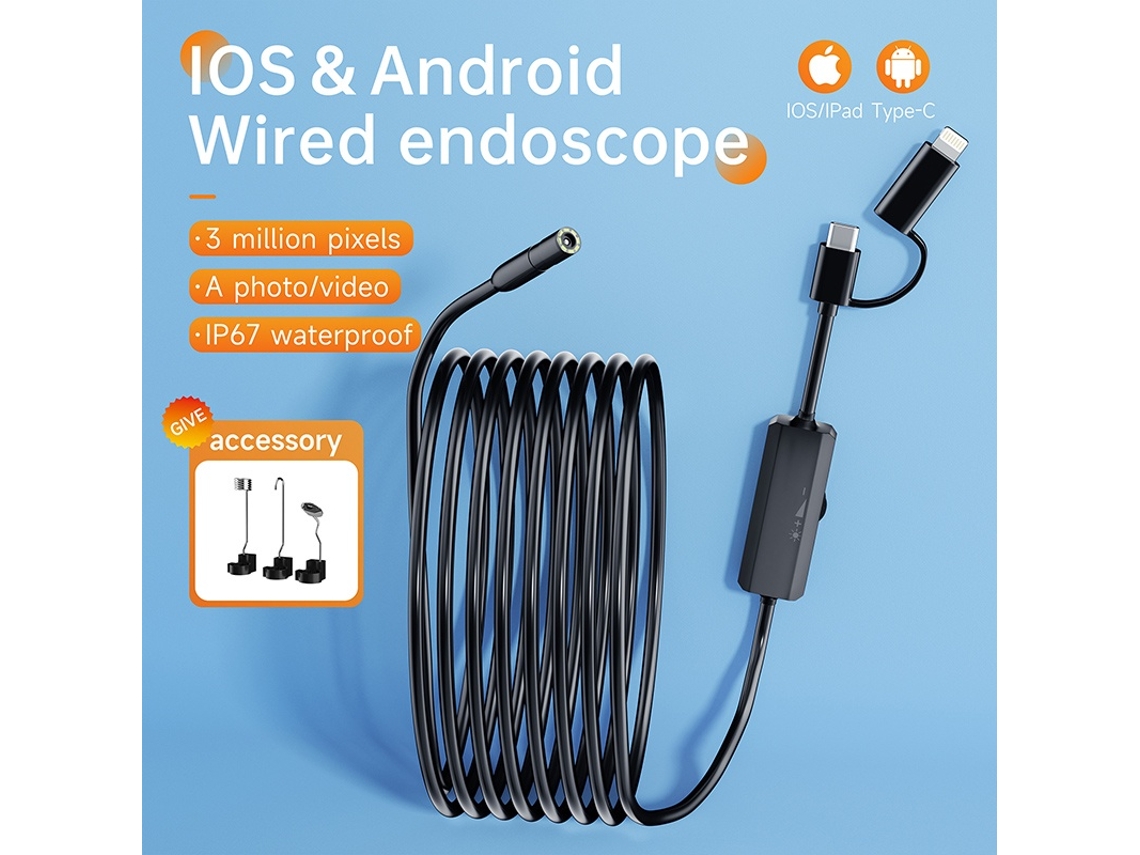 Câmera Endoscópica 8mm 2 Em 1 Ios Tipo C Mini Câmera De Inspeção Para Ios Android Ip67 À Prova Dágua Boroscópio De Tubulação Com 8 Le Brilvibera