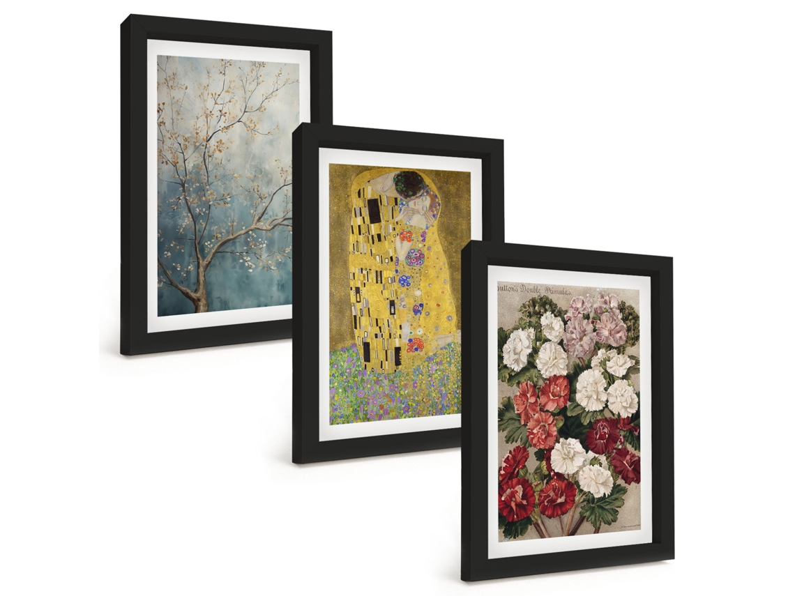 Um Conjunto De Imagens Decorativas Em Uma Moldura Flores, Árvores, Pintura, Klimt Moldura Preta Pinturas De Quarto Espelharte (3 Peças 20x30 Cm)